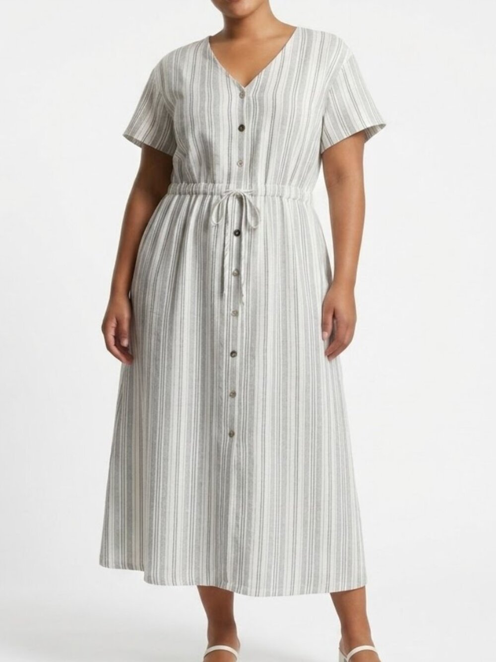 Briggs Coastal Linen Blend Striped Midi Dress Plus Size 3X Drawstring Pockets